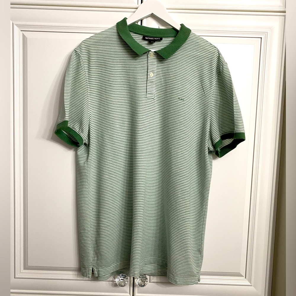 Michael Kors Menβs Size XL Short Sleeve Green and White Stripe Polo Shirt Top